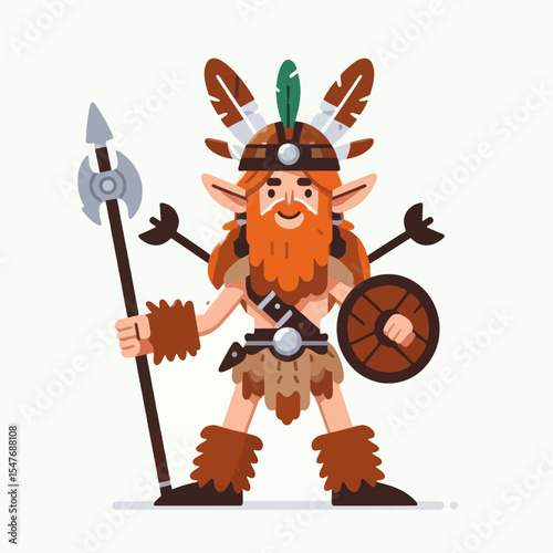 Smiling, cartoonish warrior,  dressed in a tribal outfit,  equipped with a spear and shield,  presented against a plain background.