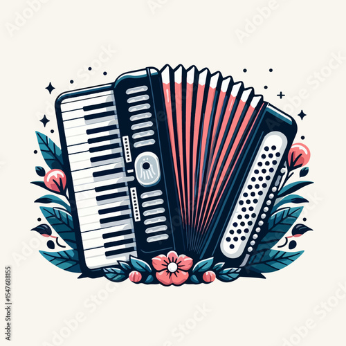 Decorative illustration of an accordion surrounded by floral elements, in a modern graphic design.