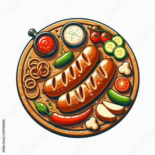 Overhead view of a round wooden platter with grilled sausages, various vegetables, and dips.  A colorful array of garnishes and condiments are presented alongside the food.