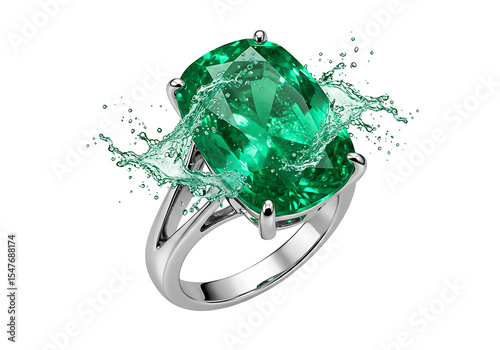 Emerald ring with water splashes on a black background