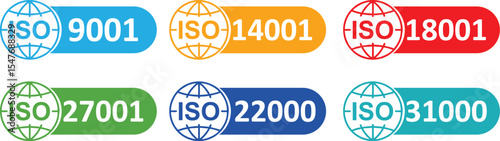 Set of International Organization for Standardization stamp 27001, 22000, 18001, 9001, 14001. Set of popular standards ISO. Management system certified signs labels