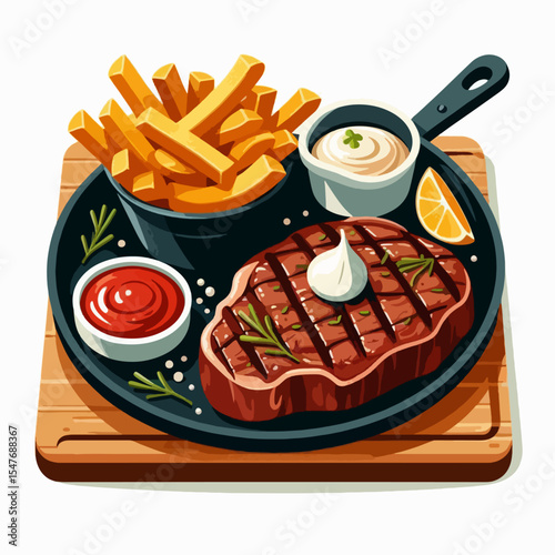 Colorful illustration of a steak and fries meal served on a dark skillet with various condiments. The dish is arranged attractively on a wooden surface.