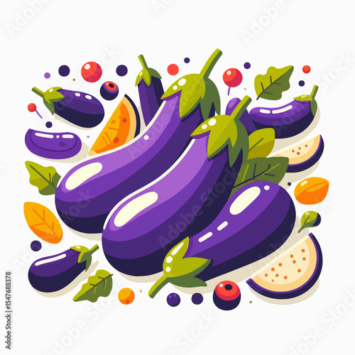 Vibrant graphic design showcasing a collection of eggplants and fruits, with a lively, cartoonish style and colorful background.