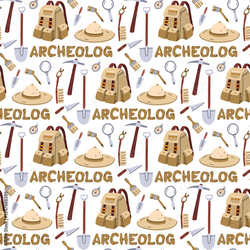 Pattern of items for an archaeologist with an inscription. Archaeologist items. Brushes, map, shovel, compass, hat, backpack in a seamless texture. for scientific posters, books, articles, educational