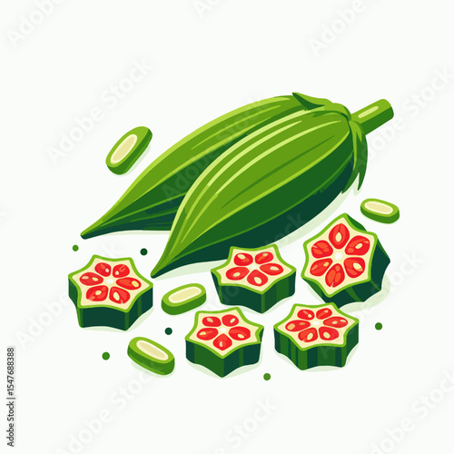 Stylized depiction of okra pods, slices, and seeds in bright colors against a white background.  The design style is cartoonish and emphasizes the different parts of the vegetable.