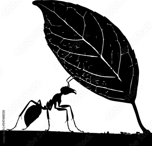 Ant Carrying Large Leaf Silhouette - Strength, Persistence, and Teamwork Concept