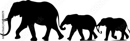 Elephant Family Silhouettes - Mother, Calf, and Baby Walking Together