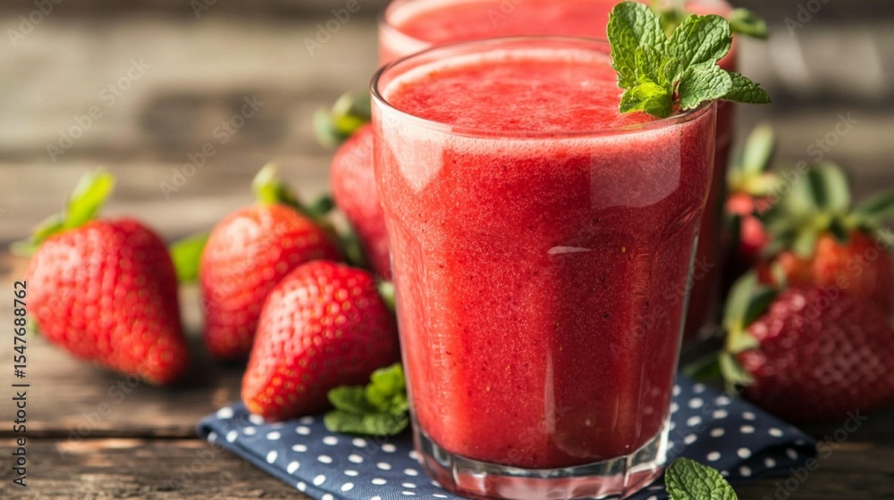 Two glasses of vibrant red strawberry smoothie, fresh berries Two glasses of vibrant red strawberry smoothie, fresh berries