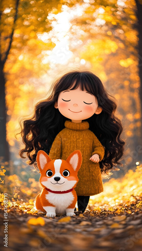 asian girl with long black hair, wearing knitted sweater, walking on path in autumn park with small corgi dog on fall foliage.
