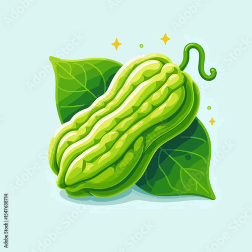 Vibrant, stylized illustration of a light green, rounded fruit or vegetable, with leaves, against a light blue backdrop. The image features a flat, cartoonish style.
