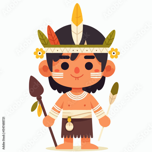 Friendly, stylized illustration of a child in traditional tribal attire holding a spear.  The art style is cartoonish and colorful.
