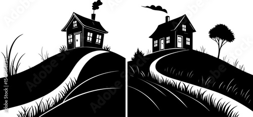 Rural House on Hill with Winding Path Silhouette