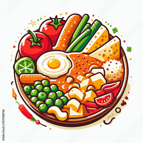 Vibrant illustration of a hearty vegetable stew, artistically arranged in a bowl, with various colorful ingredients displayed.