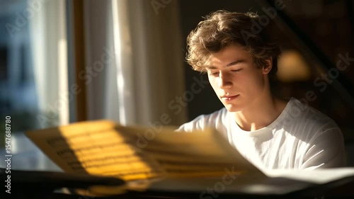 A musician composing a score with sheet music and piano