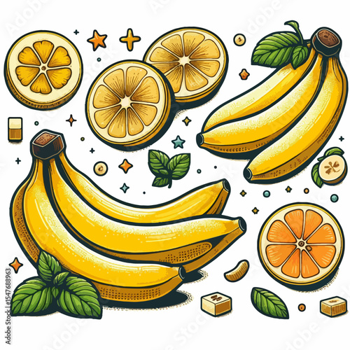 Vibrant graphic design featuring various fruit slices and whole fruits, including bananas and citrus fruits, arranged with decorative elements.