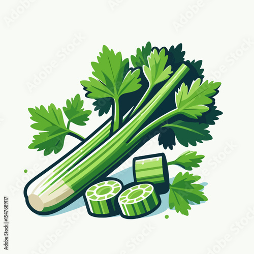 Stylized graphic illustration of a whole celery stalk and sliced sections against a white background.  The design is vibrant and detailed.