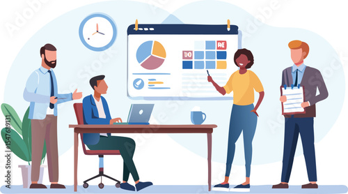 Illustration of a business meeting with a pie chart presentation and four people present in an office