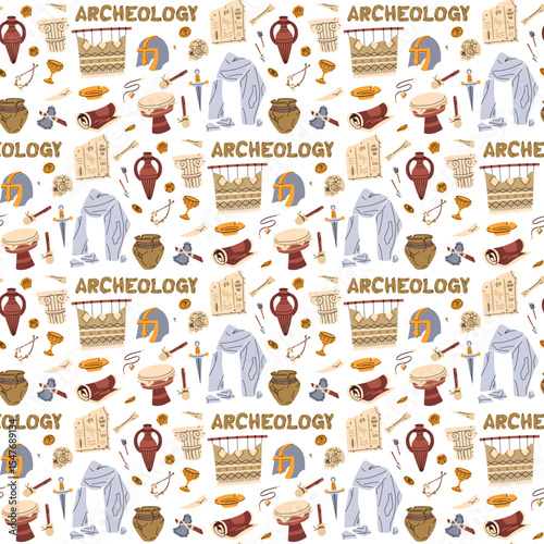 Pattern of historical objects with the inscription Archaeology in flat color style. Jugs, plates, bones, blades, and architecture in seamless texture. Suitable for scientific posters, books, articles