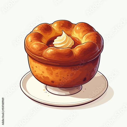 Stylized, illustrated image of a baked pastry dish, presented on a small plate.  A dollop of whipped cream is on top.