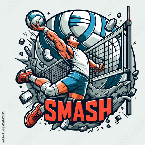 Stylized graphic illustration of a volleyball player mid-action, leaping to hit the ball against the net with an explosive impact.  The composition includes a wordmark of "smash."