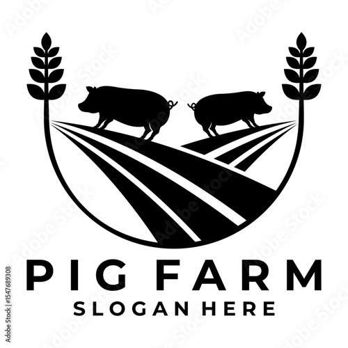 Pig with farm Field and Wheat logo design vector template