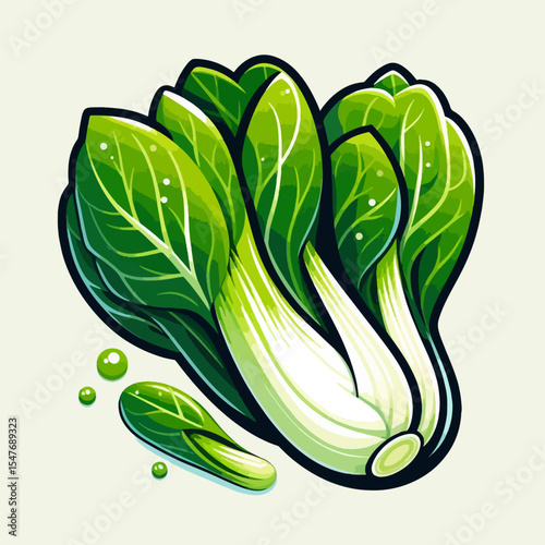 Detailed illustration of a bok choy head, featuring vibrant green leaves and a white stem.  The graphic style is visually appealing.