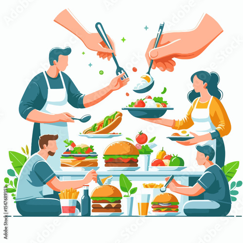 Group of people are sharing a variety of dishes at a communal table, suggesting a casual, friendly gathering.  Food items are displayed in the foreground.
