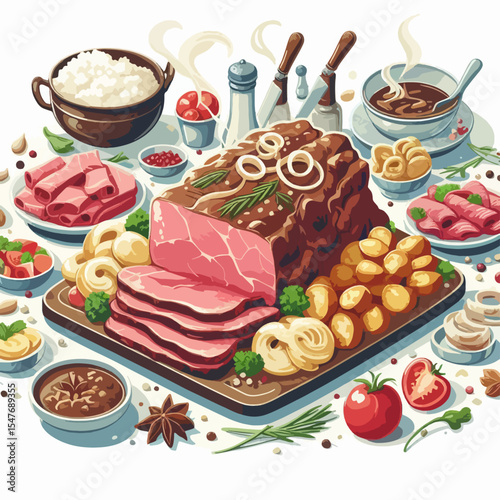 Vibrant graphic illustration depicts a festive meal with sliced roast meat, various sides, and numerous sauces, displayed on a platter,  ready to be enjoyed.