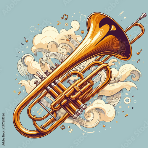 Detailed illustration of a trumpet, presented in a decorative style against a light blue backdrop with swirling abstract elements and musical notations.