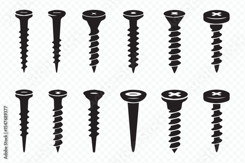 Wvector illustration of various screw types, black and white screw icons for construction and hardware design