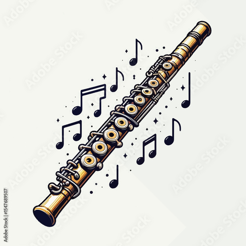 Detailed graphic design of a gold-colored flute, visually ornamented with musical notation and small decorative elements.