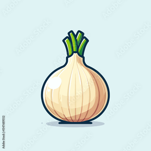 Light beige cartoon onion, with vibrant green leaves, presented in a simple, stylized design.  The onion is highlighted against a soft pastel blue background.