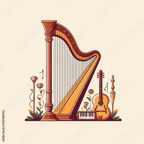 Flat style illustration depicts a harp, guitar, and piano, accompanied by flowers and musical symbols, all in warm tones on a light beige background.