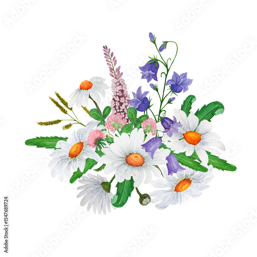 Fototapeta Naklejka Na Ścianę i Meble -  Watercolor composition of a bouquet of chamomile, wildflower and herbs. Design of greeting cards, invitations