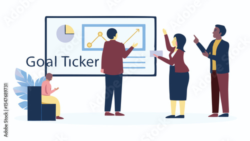 Group of people discussing a chart on a whiteboard with goal ticker and sitting person present too