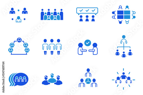 People solid flat icon set. Group, family, human, team, community, friends, population and seniors icons. Editable vector illustration