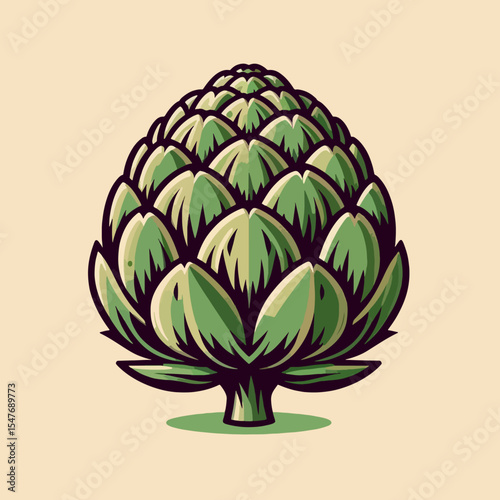 Vibrant green artichoke, depicted in a stylized, graphic illustration against a pale background. The illustration highlights the head of the artichoke, emphasizing its unique structure.