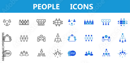 People line and flat icon set. Group, family, human, team, community, friends, population and seniors icons. Editable vector illustration