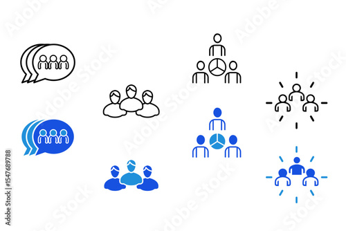 People line and flat icon set. Group, family, human, team, community, friends, population and seniors icons. Editable vector illustration