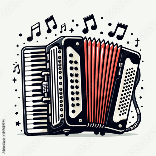 Colorful graphic illustration of an accordion with musical notes.  The image style is modern and flat design.