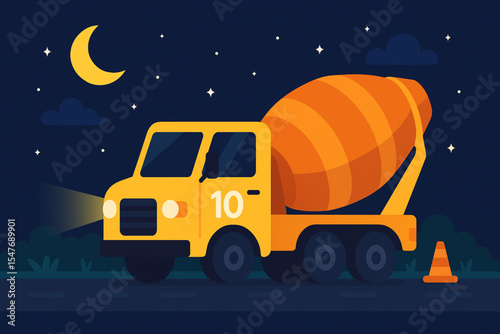 Vector Illustration of Mixer Car at Night Bright Colors for Kids Education