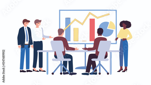 People at a business meeting discussing charts and graphs on a whiteboard in a light and airy office
