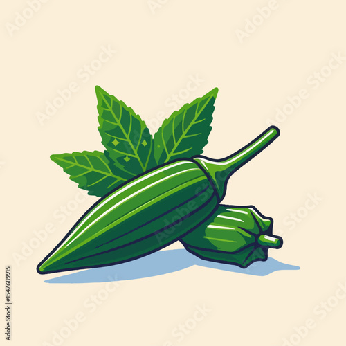 Digital illustration showcasing two vibrant green okra pods, accompanied by detailed leaves, set against a light beige background.  The style is stylized and graphic.