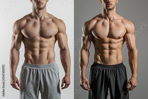 Before and after fitness transformation showing significant muscle gain and body definition