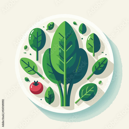 Graphic representation of spinach leaves and a tomato arranged on a circular plate, creating a vibrant visual of healthy eating.