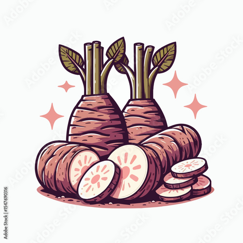 Vibrant graphic illustration showcases two whole roots with decorative slices. The design style is cartoonish with a focus on color and detail.