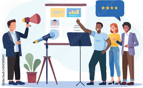 Illustration of a diverse group of people giving a presentation with a projector and microphone setup
