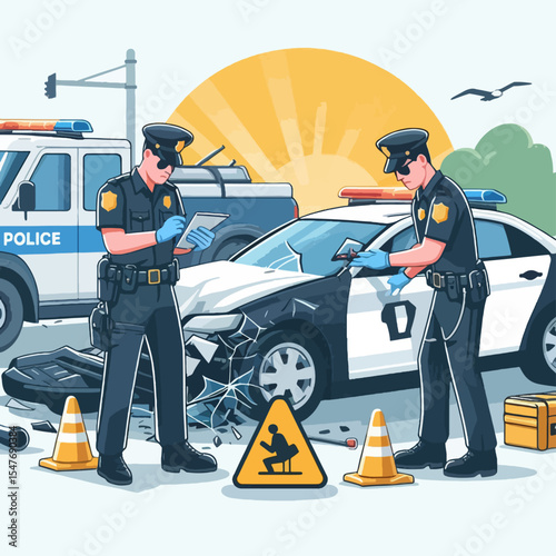 Two police officers in uniform are examining a damaged car at an accident scene, with caution signs and other debris present.