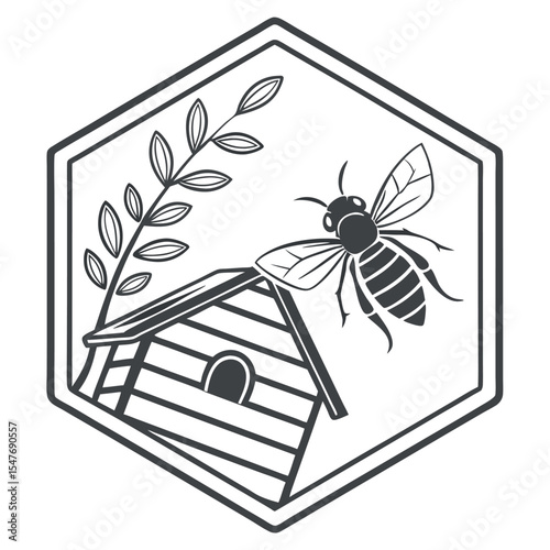 Honeybee illustration with hexagon frame and beehive