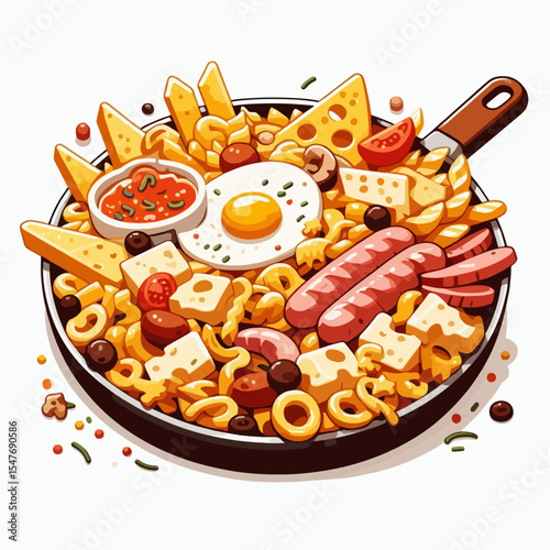 A delicious and hearty breakfast skillet filled with pasta, sausages, cheese, and a fried egg.